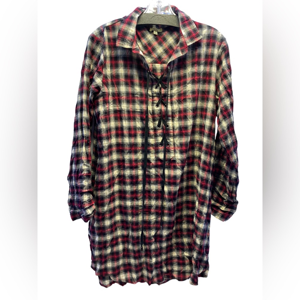 Kori Black Pink White Gray plaid Tunic Black Lace up front